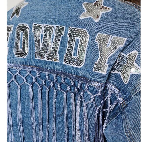 HOWDY Blue Jean Denim Jacket Sequins & Fringe Button Front Festival Country - Picture 3 of 4